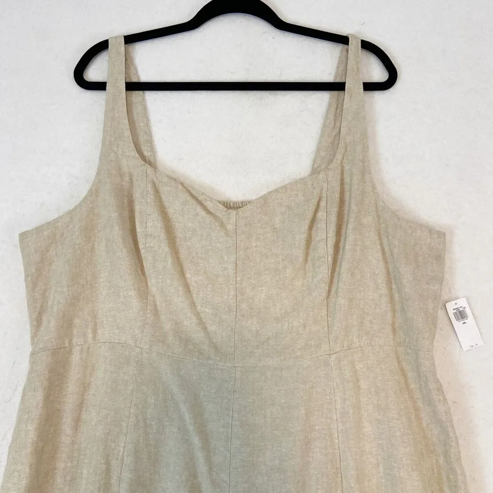 Old‎ Navy Linen Midi Dress Sz XXL Beige Flax Minimalist Capsule Smocked Pockets